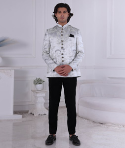 Grey Jacquard Jodhpuri Suit 315014