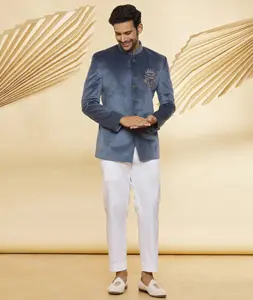 Grey Velvet Jodhpuri Suit 300051