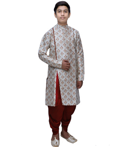 Grey Banarasi Brocade Readymade Kids Indo Western Suit 211379