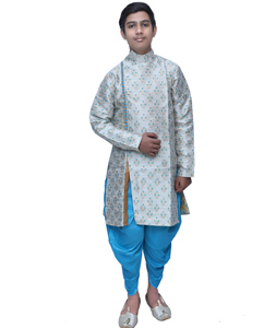 Grey Banarasi Brocade Readymade Kids Indo Western Suit 211381