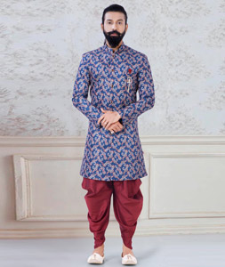 Blue Jacquard Indo Western Suit 245484
