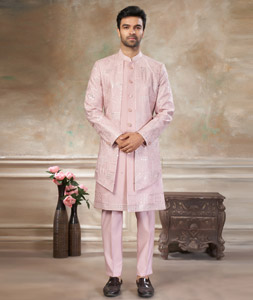 Light Pink Silk Indo Western Suit 319066