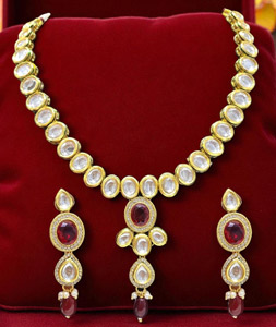 Maroon Alloy Necklace With Earrings 314377