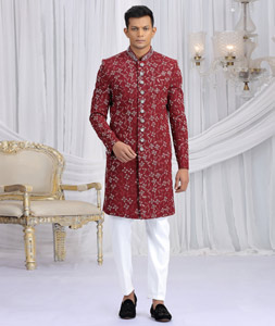 Maroon Art Silk Achkan Style Sherwani 319038