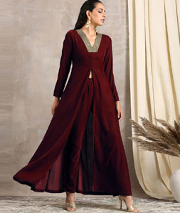 Maroon Velvet Kurta Set With Pant 306871