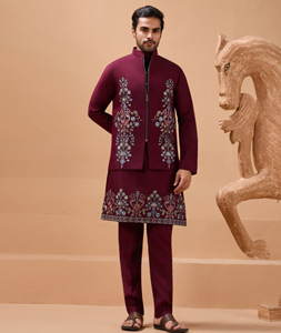 Maroon Viscose Kurta Pajama With Jacket 319273