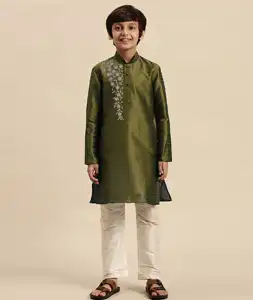 Mehndi Dupion Silk Kids Kurta Pajama 289236