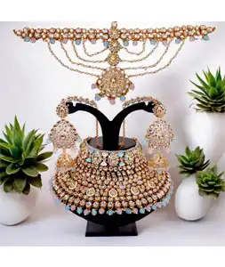 Multicolor Brass Austrian Diamonds and Kundan Necklace Set With Earrings and Maang Tikka 292915