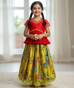 Mustard Chinon Silk Kids Lehenga Choli 319598