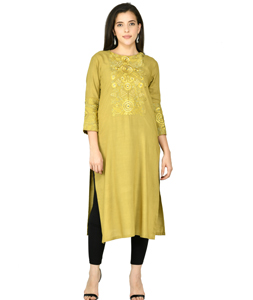 Mustard Cotton Rayon Kurta Set With Legging 305466