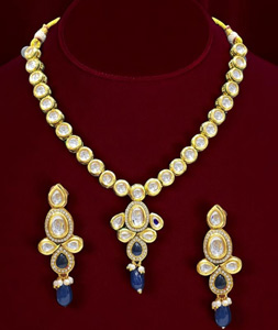 Navy Blue Alloy Necklace With Earrings 314369