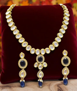 Navy Blue Alloy Necklace With Earrings 314376