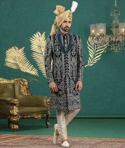 Navy Blue Art Silk Achkan Style Sherwani 318999