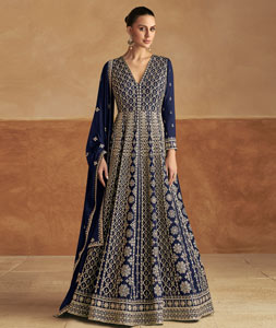 Navy Blue Chinon Embroidered Anarkali Suit 318767