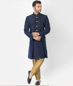 Navy Blue Dupion Silk Indo Western Suit 279708