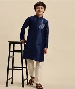 Navy Blue Dupion Silk Kids Kurta Pajama 289244