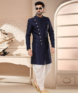 Navy Blue Jacquard Dhoti Sherwani 285770