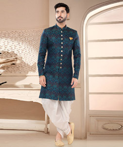 Navy Blue Jacquard Dhoti Sherwani 285775