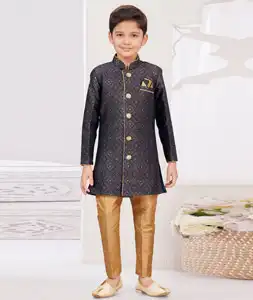 Navy Blue Jacquard Kids Indo Western Sherwani 294953
