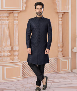 Navy Blue Jacquard Pakistani Sherwani 282257