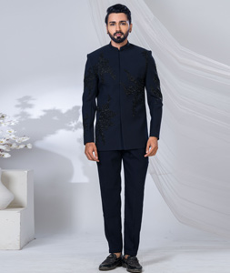 Navy Blue Polyester Jodhpuri Suit 315341