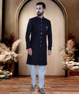 Navy Blue Rayon Achkan Style Sherwani 319652