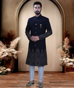 Navy Blue Rayon Achkan Style Sherwani 319664