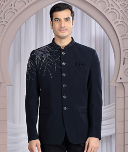 Navy Blue Rayon Jodhpuri Suit 319130