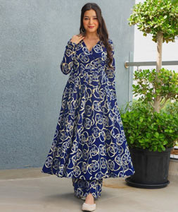 Navy Blue Rayon Kurta Set With Palazzo 319168