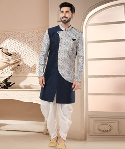 Navy Blue Silk Dhoti Sherwani 285773