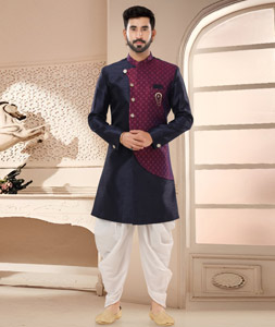 Navy Blue Silk Dhoti Sherwani 285781