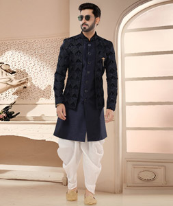 Navy Blue Silk Dhoti Sherwani 285782