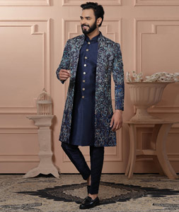 Navy Blue Silk Jacket Style Sherwani 315055