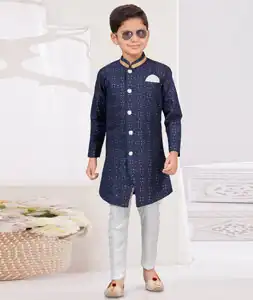 Navy Blue Silk Kids Indo Western Sherwani 294954