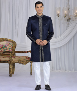 Navy Blue Velvet Achkan Style Sherwani 319062