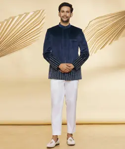 Navy Blue Velvet Jodhpuri Suit 300044