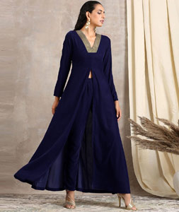Navy Blue Velvet Kurta Set With Pant 306872