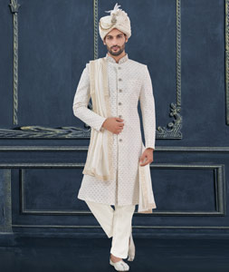 Off White Georgette Achkan Style Sherwani 305206