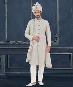 Off White Georgette Achkan Style Sherwani 305208