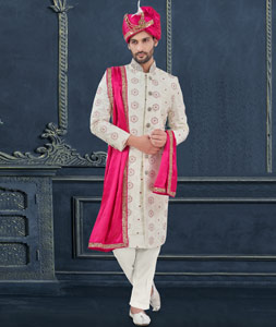 Off White Georgette Achkan Style Sherwani 305209