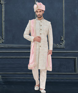 Off White Georgette Achkan Style Sherwani 305210