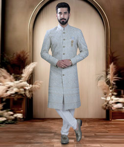 Off White Georgette Achkan Style Sherwani 319656