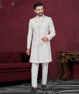 Off White Jacquard Achkan Style Sherwani 295636