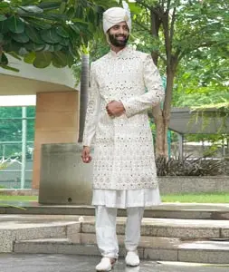 Off White Silk Anarkali Sherwani 302508