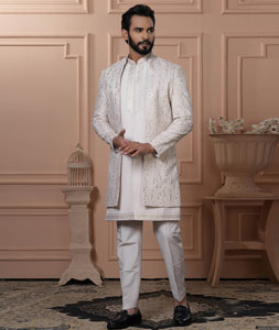 Off White Silk Jacket Style Sherwani 315071
