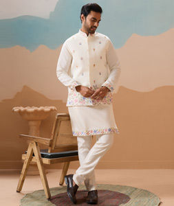 Off White Viscose Kurta Pajama With Jacket 318311