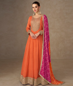 Orange Chinon Anarkali Suit 318284