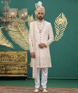Peach Art Silk Achkan Style Sherwani With Dupatta 319005