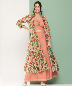 Peach Cotton Kurta Set With Jacket 281419