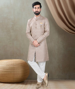 Peach Jacquard Indo Western Suit 311749